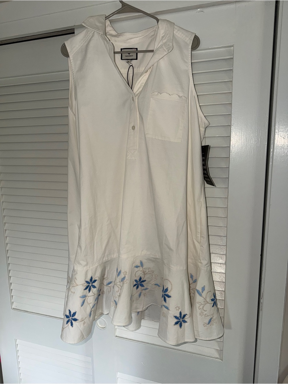 Tuckernuck White Sleeveless Shirt Dress with Blue Floral Embroidery